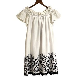 White with black embroidery cotton elestory dress with elastic ruffled neckline